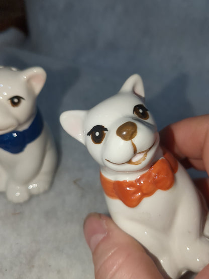 French Bulldog Ceramic Salt and Pepper Shakers Red & Blue Bow Ties Missing One Stopper CLEARANCE