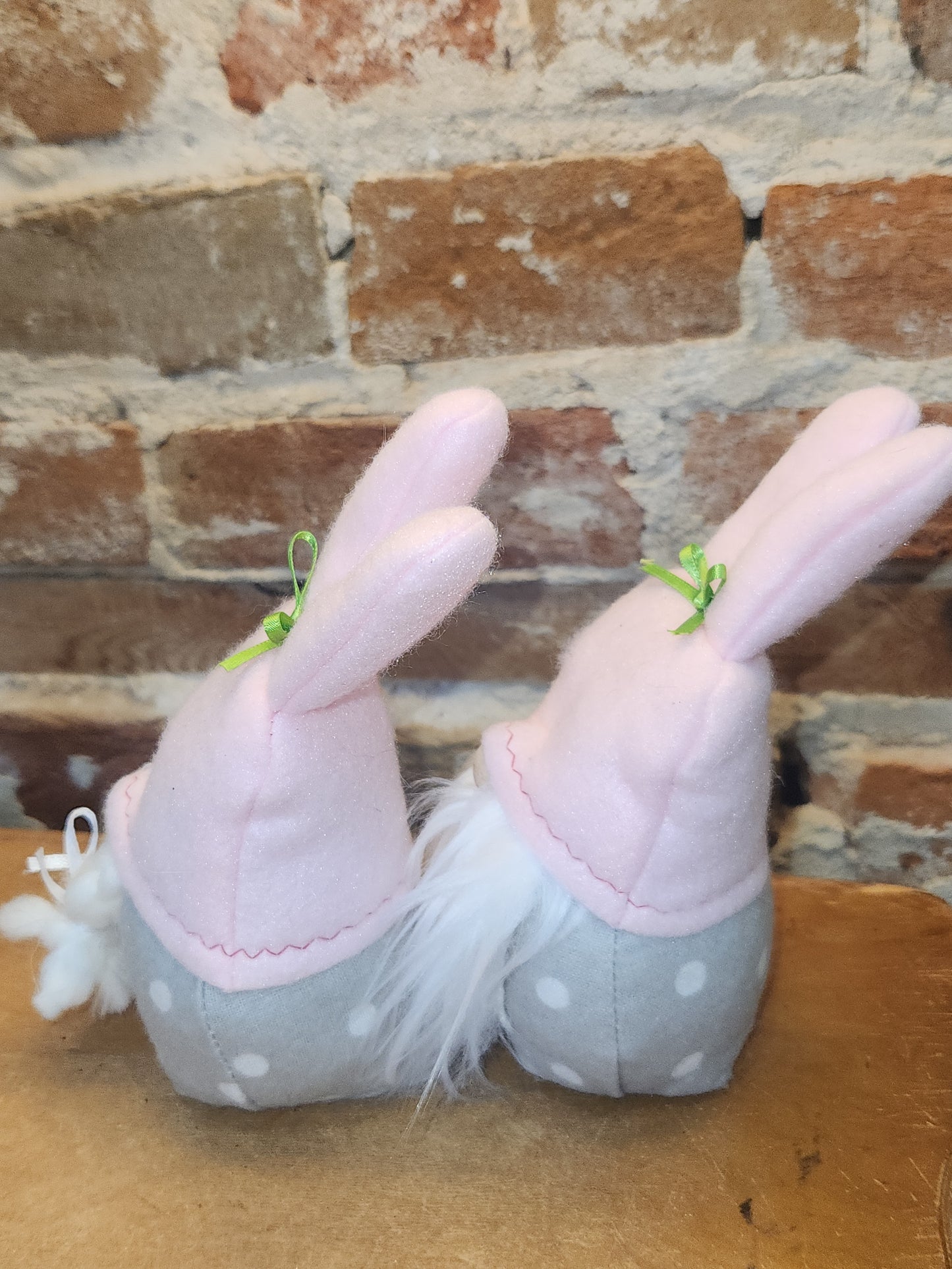 Set of Two 7” Gnomes with Grey Dotted Body, White Beard Pink Bunny Hat gn4