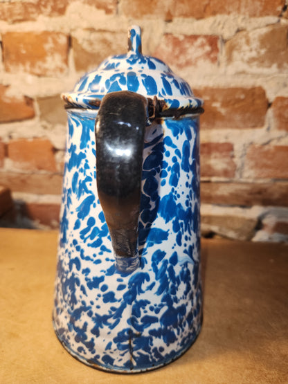 Vintage Enamelware Graniteware Coffee Pot with Lid Blue White Swirl Splotches ew70