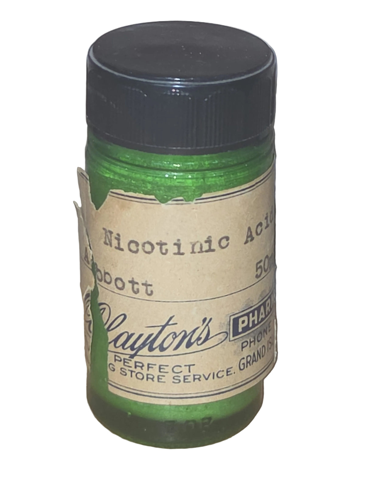 Vintage Glass Medicine Bottle Green Plastic Cap Clayton's Pharmacy Owens-Illinois Glass Co 2 1/2" EMPTY gg6