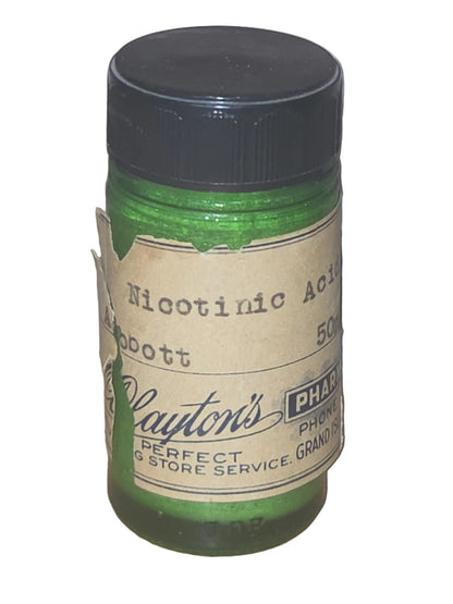 Vintage Glass Medicine Bottle Green Plastic Cap Clayton's Pharmacy Owens-Illinois Glass Co 2 1/2" EMPTY gg6