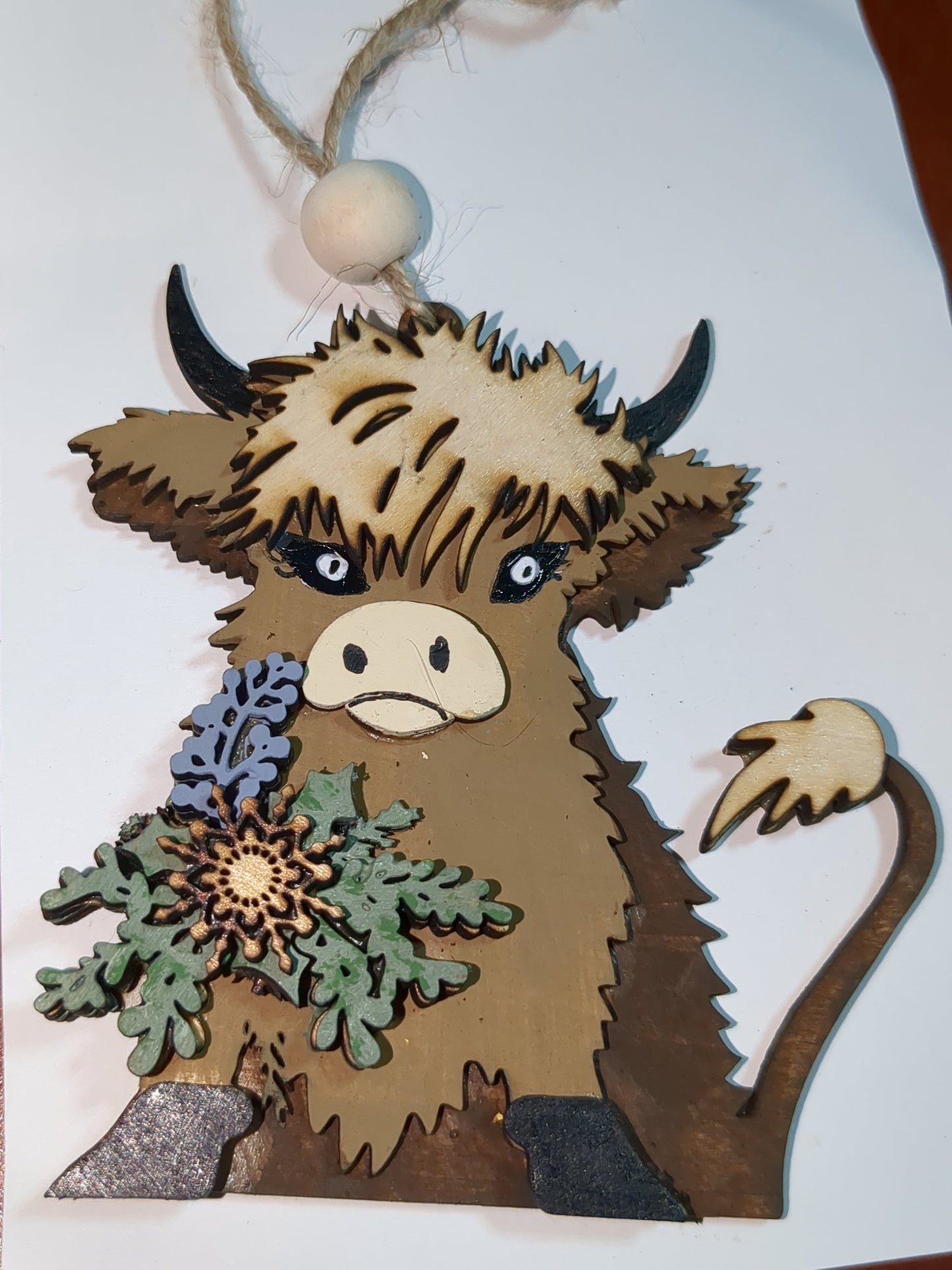 Wooden highland cow ornament or car charm