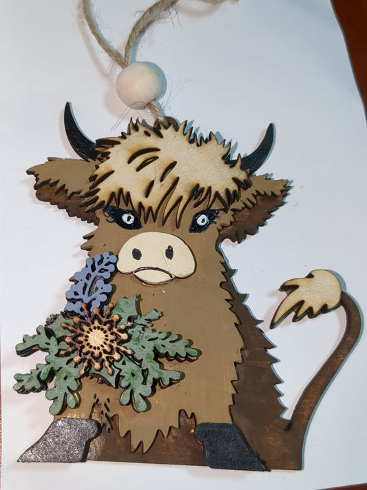 Wooden highland cow ornament or car charm
