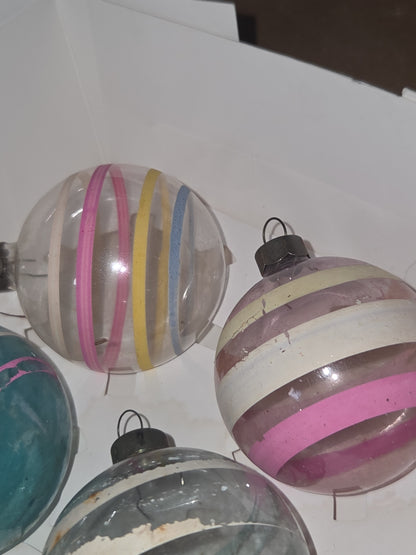 Vintage 2 1/4" Unsilvered Transparent and Blue Glass Ornament WWII Era 1940s Unmatched Set of 4 with Stripes AS IS vo123