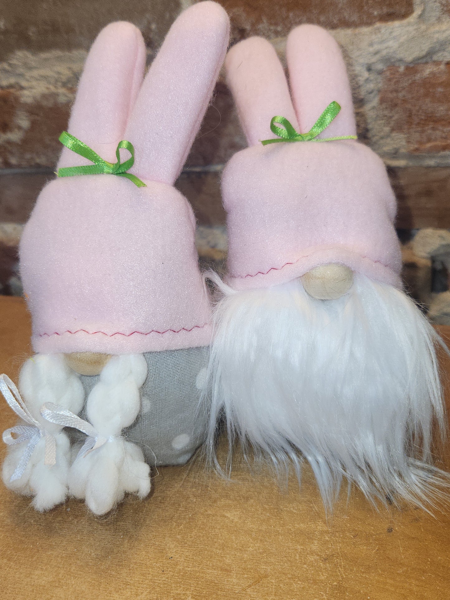 Set of Two 7” Gnomes with Grey Dotted Body, White Beard Pink Bunny Hat gn4