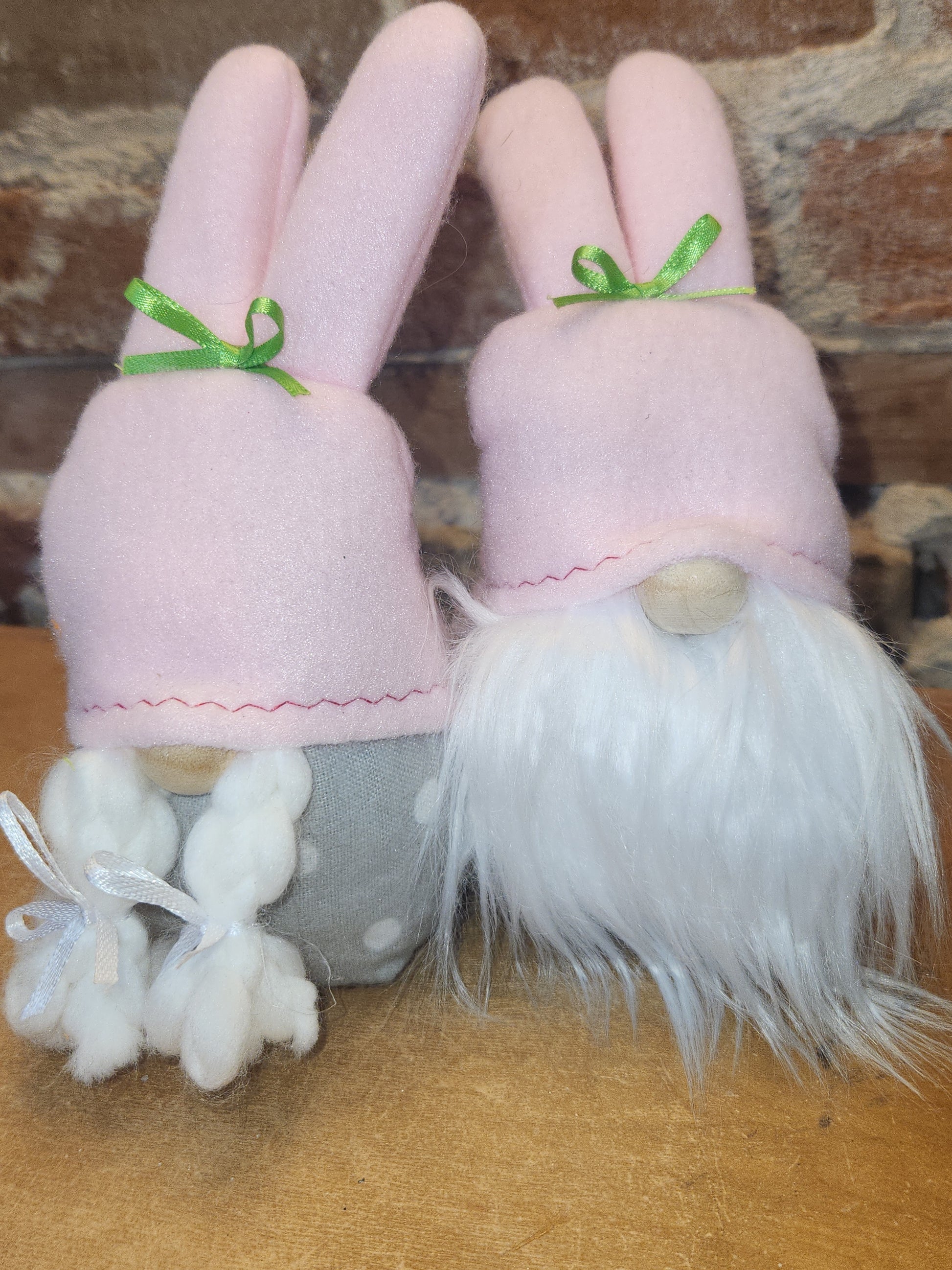 Set of Two 7” Gnomes with Grey Dotted Body, White Beard Pink Bunny Hat gn4