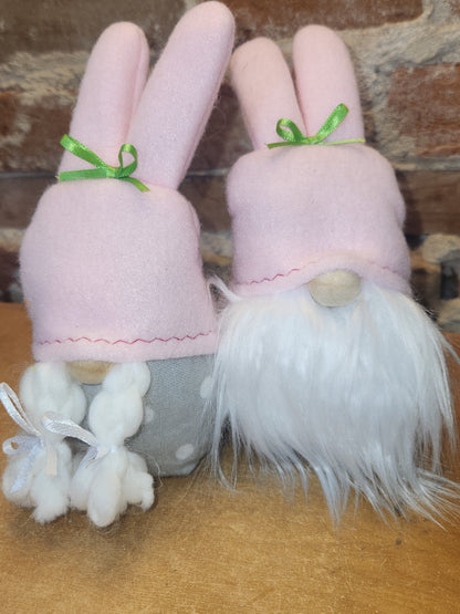 Set of Two 7” Gnomes with Grey Dotted Body, White Beard Pink Bunny Hat gn4