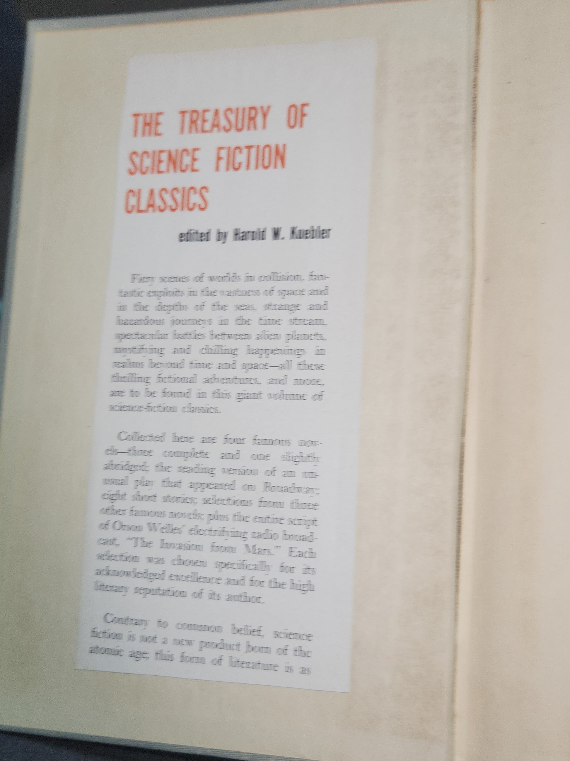 Vintage Hardcover The Treasury of Science Fiction Classics Harold Kuebler Hanover House NO Dust Jacket 1954 vb91