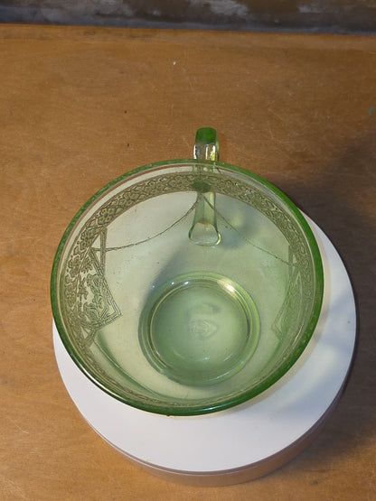 Vintage Uranium Green Depression Glass Tea Cup Love Birds Vaseline AS IS Chips dg76