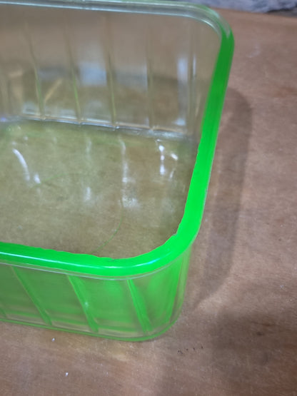 Vintage Uraniun Depression Glass Green Refrigerator Dish AS IS no lid flea bites ug86
