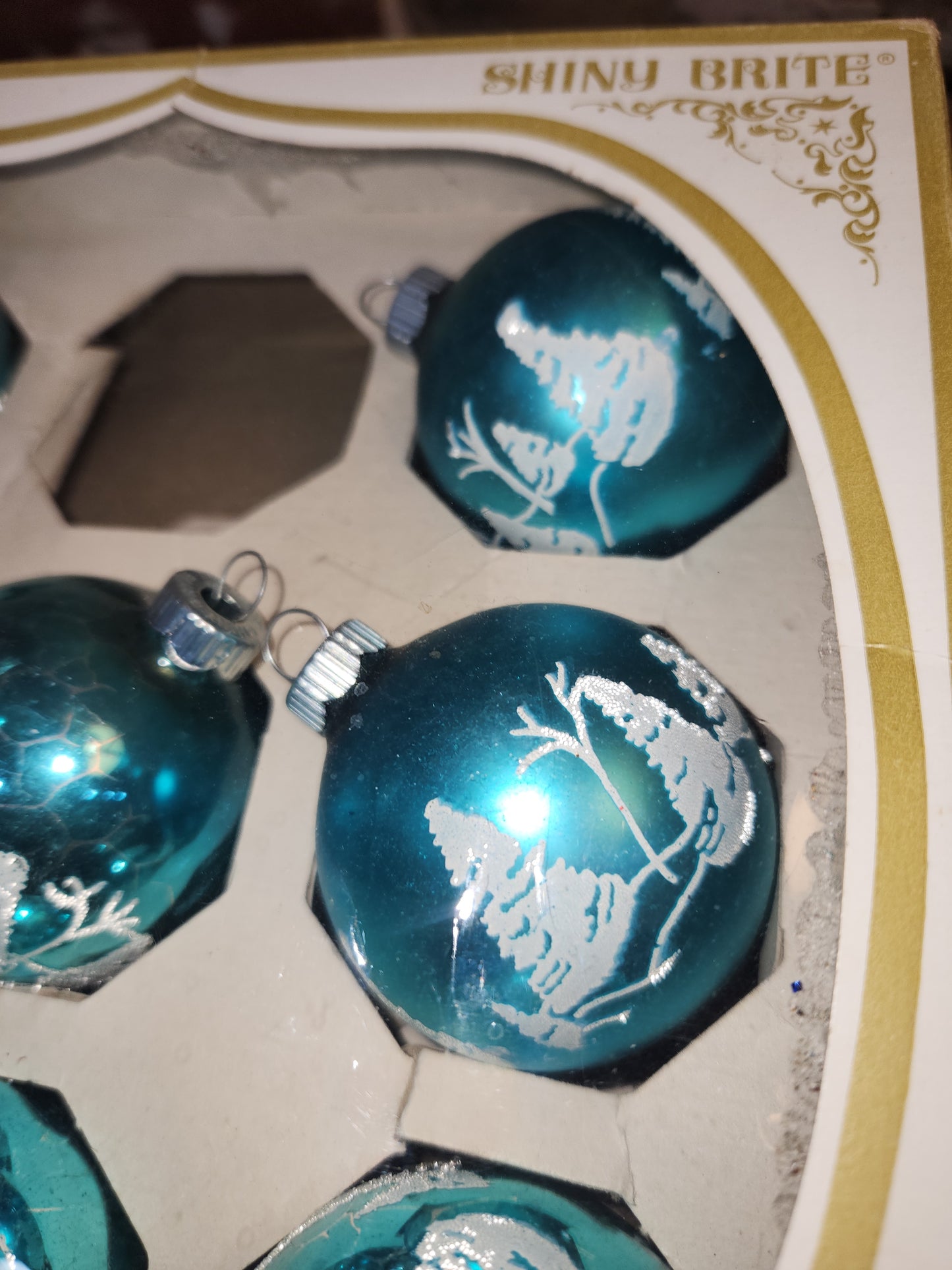 Vintage Shiny Brite 2" Turqoise Ornaments with Venetian dew and Box. Incomplete set. 8 Ornaments AS IS bo86