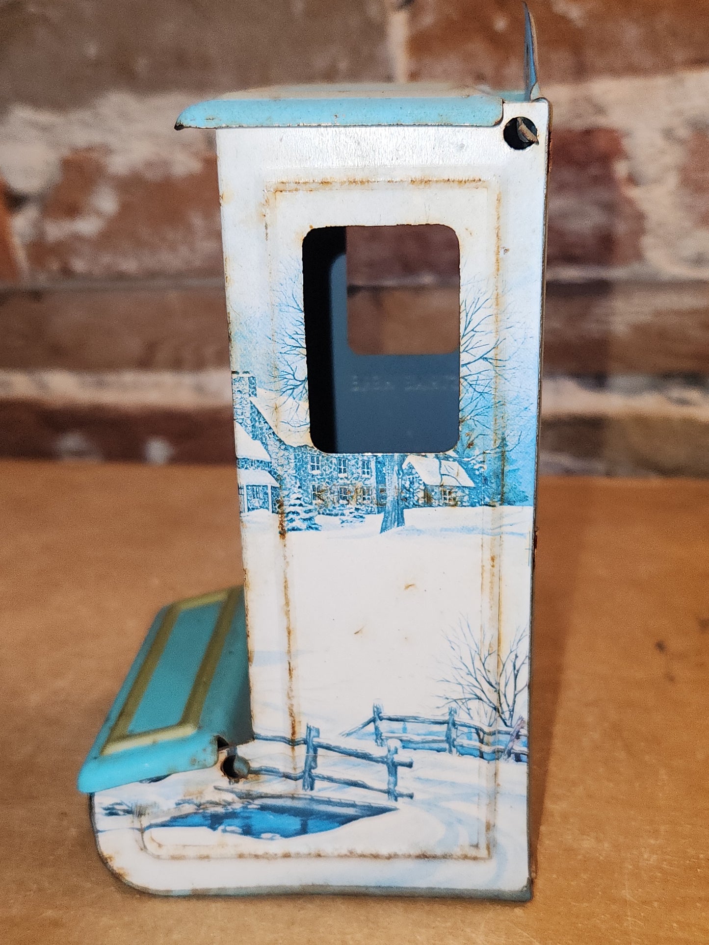 Vintage Jasco Metal Tin Matchbox Holder Wall Mount with Snowy Barn Scene mb89