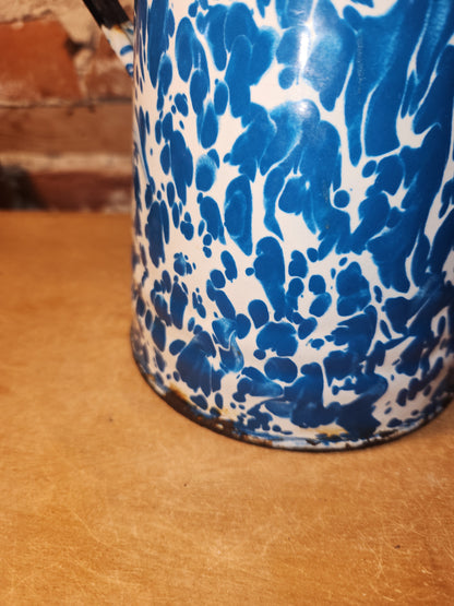 Vintage Enamelware Graniteware Coffee Pot with Lid Blue White Swirl Splotches ew70