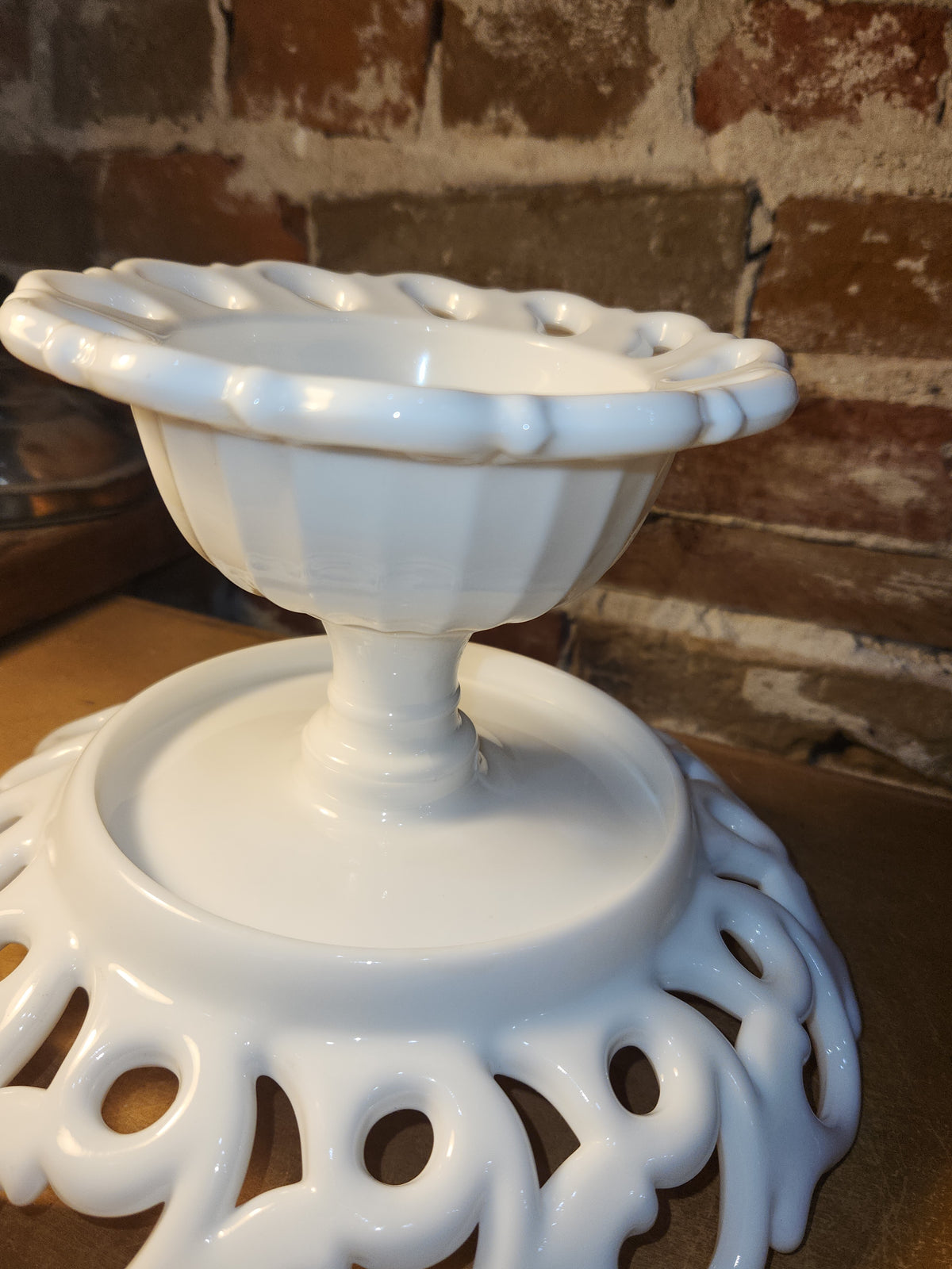 Vintage Fostoria Milk Glass Compost Pedestal Footed Fruit Bowl Monroe Pattern Lace-edge Loop and Open Loop mg12