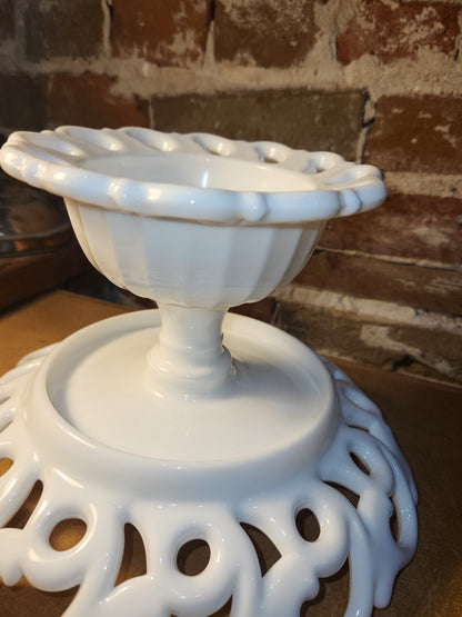Vintage Fostoria Milk Glass Compost Pedestal Footed Fruit Bowl Monroe Pattern Lace-edge Loop and Open Loop mg12
