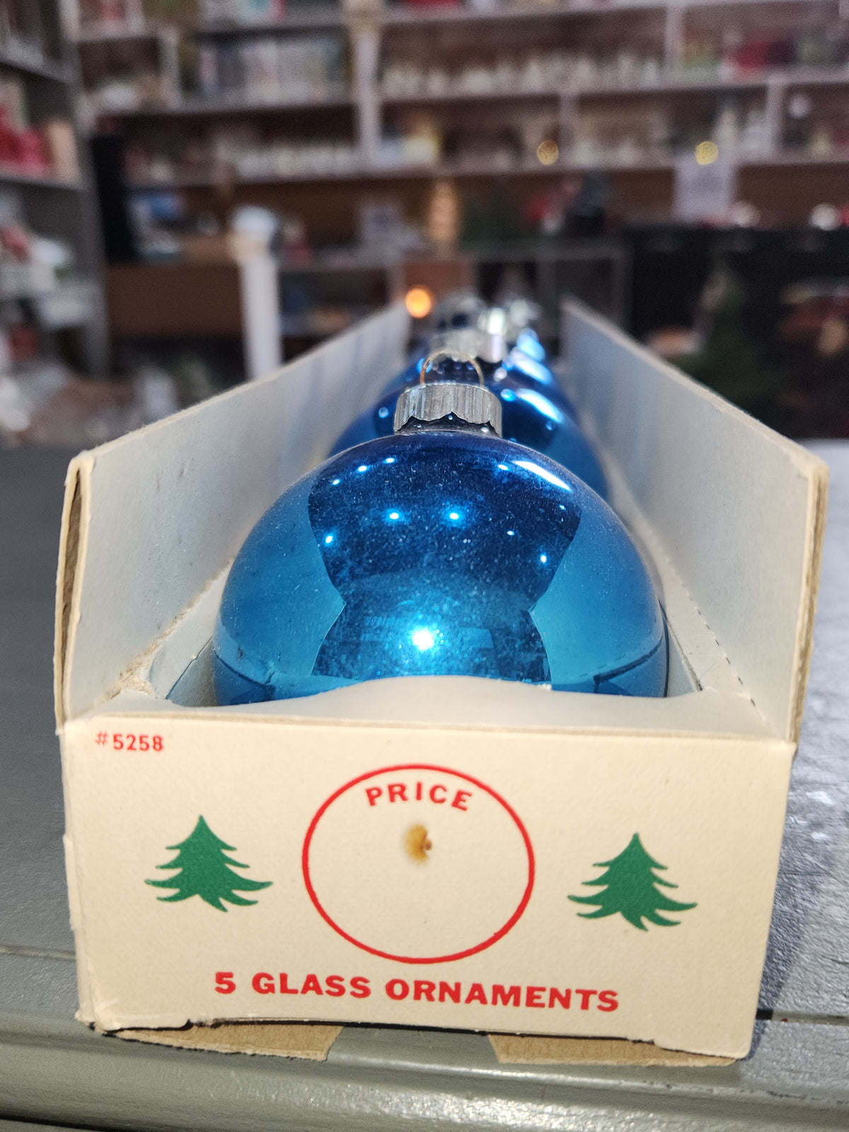 Vintage Shiny Brite Glass Christmas Ornaments Five 3" Blue Shades in Fanci-Pak Box As Is sb12