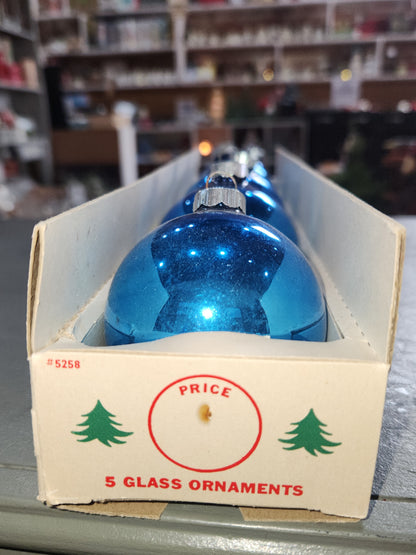 Vintage Shiny Brite Glass Christmas Ornaments Five 3" Blue Shades in Fanci-Pak Box As Is sb12