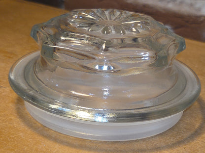 Vintage Clear Glass Square Canister with Sunburst Lid 6 1/4" square sj3
