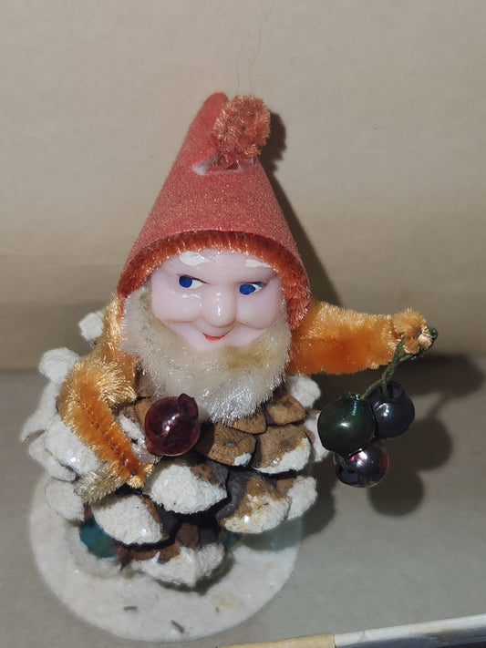Vintage Pinecone Elf Gnome Dwarf with Maracas Band Ornament Chenille Plastic Face Mica Putz elf21