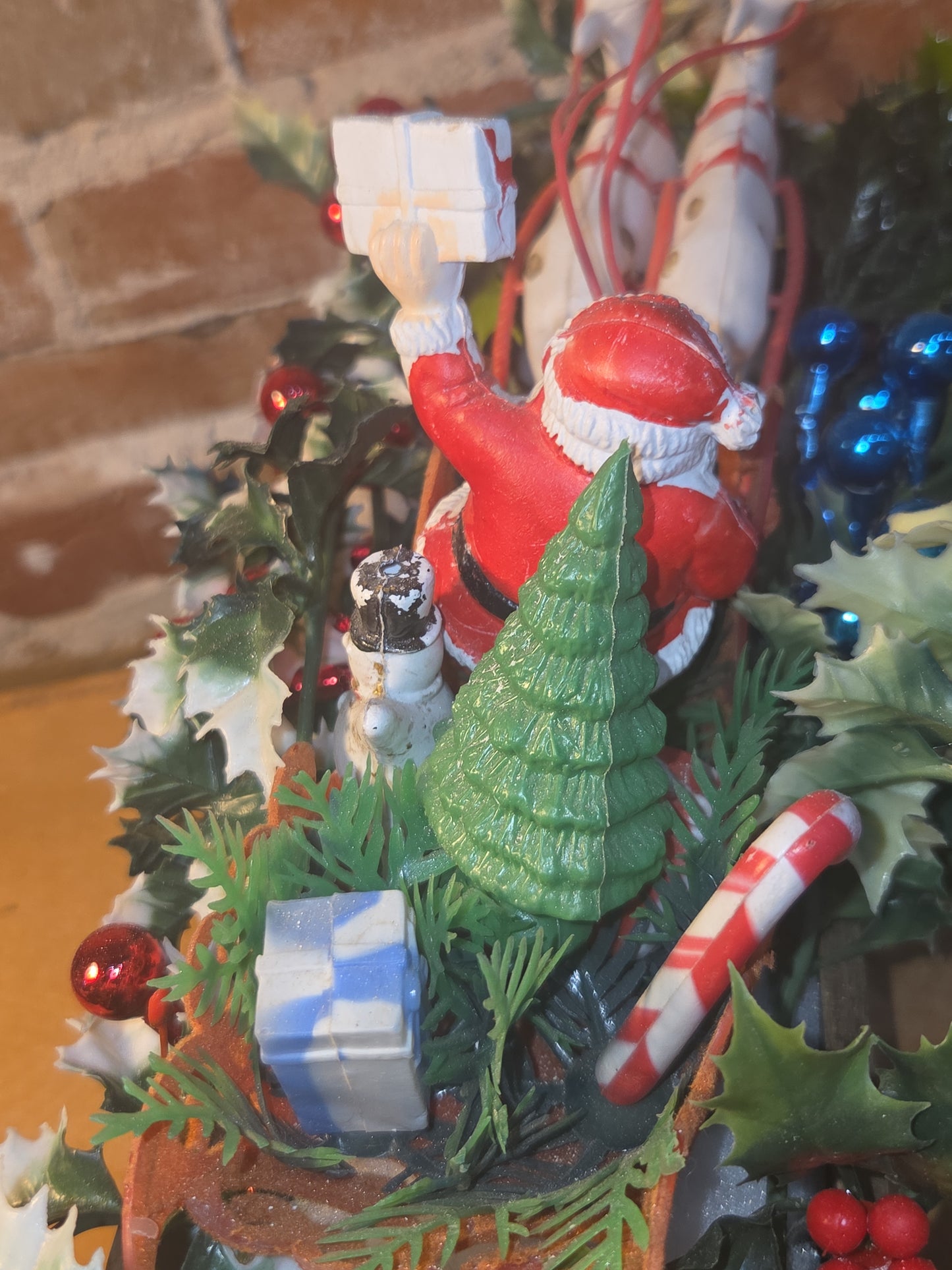 Assemblage With Vintage Blow Mold Santa and Reindeer Flocked Sleigh va98