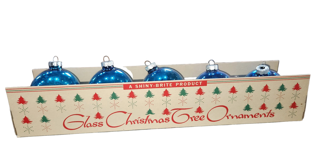 Vintage Shiny Brite Glass Christmas Ornaments Five 3" Varying Blue Shades in Fanci-Pak Box As Is sb15