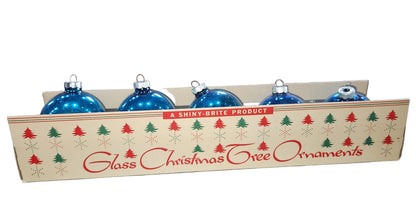 Vintage Shiny Brite Glass Christmas Ornaments Five 3" Varying Blue Shades in Fanci-Pak Box As Is sb15