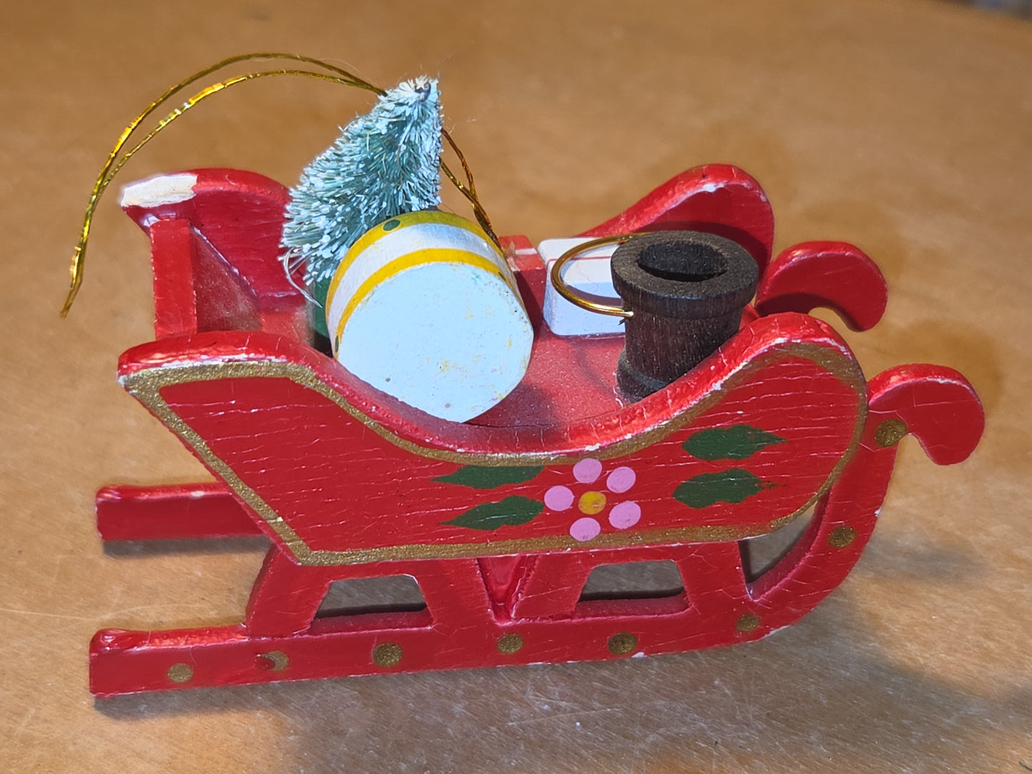 Vintage Wooden Ornament Sleigh Set of 2 AS IS MCM Kitchy