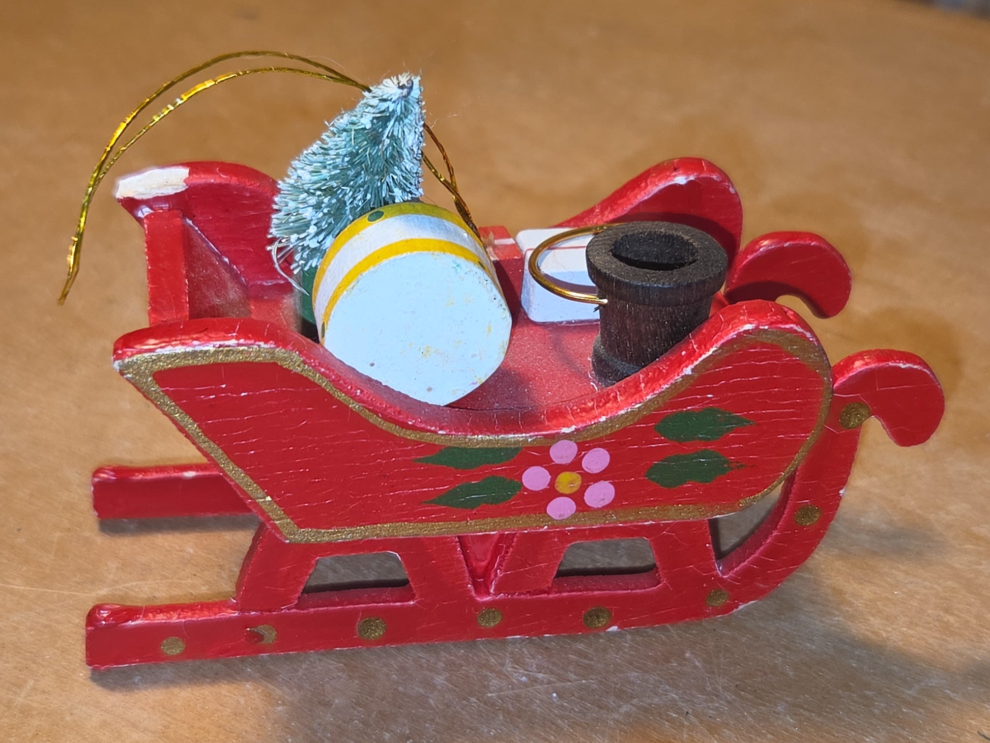Vintage Wooden Ornament Sleigh Set of 2 AS IS MCM Kitchy
