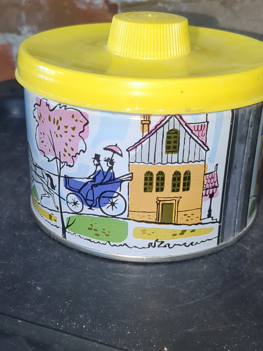 1958 vintage Tin Mrs. Leland's Old Fashioned Golden Butter Bits Horse and Carriage house girl & hoop tin347
