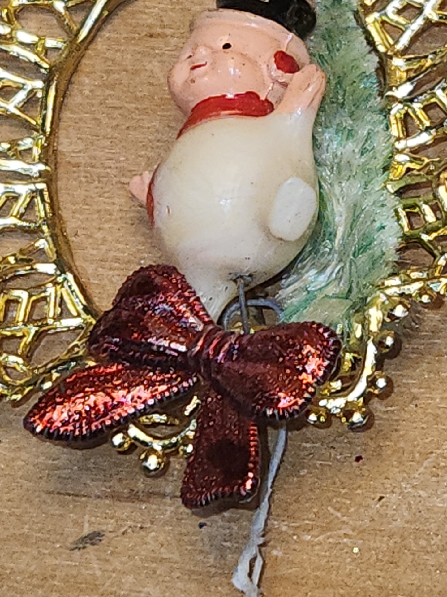 Vintage Commodore Ornament with Celluloid Snowman Chinelle Tree Plastic Bow sm17