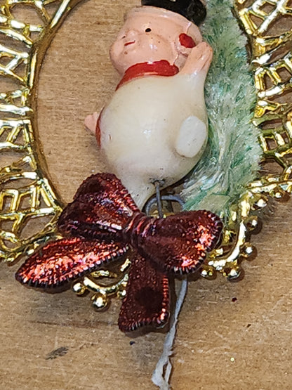 Vintage Commodore Ornament with Celluloid Snowman Chinelle Tree Plastic Bow sm17