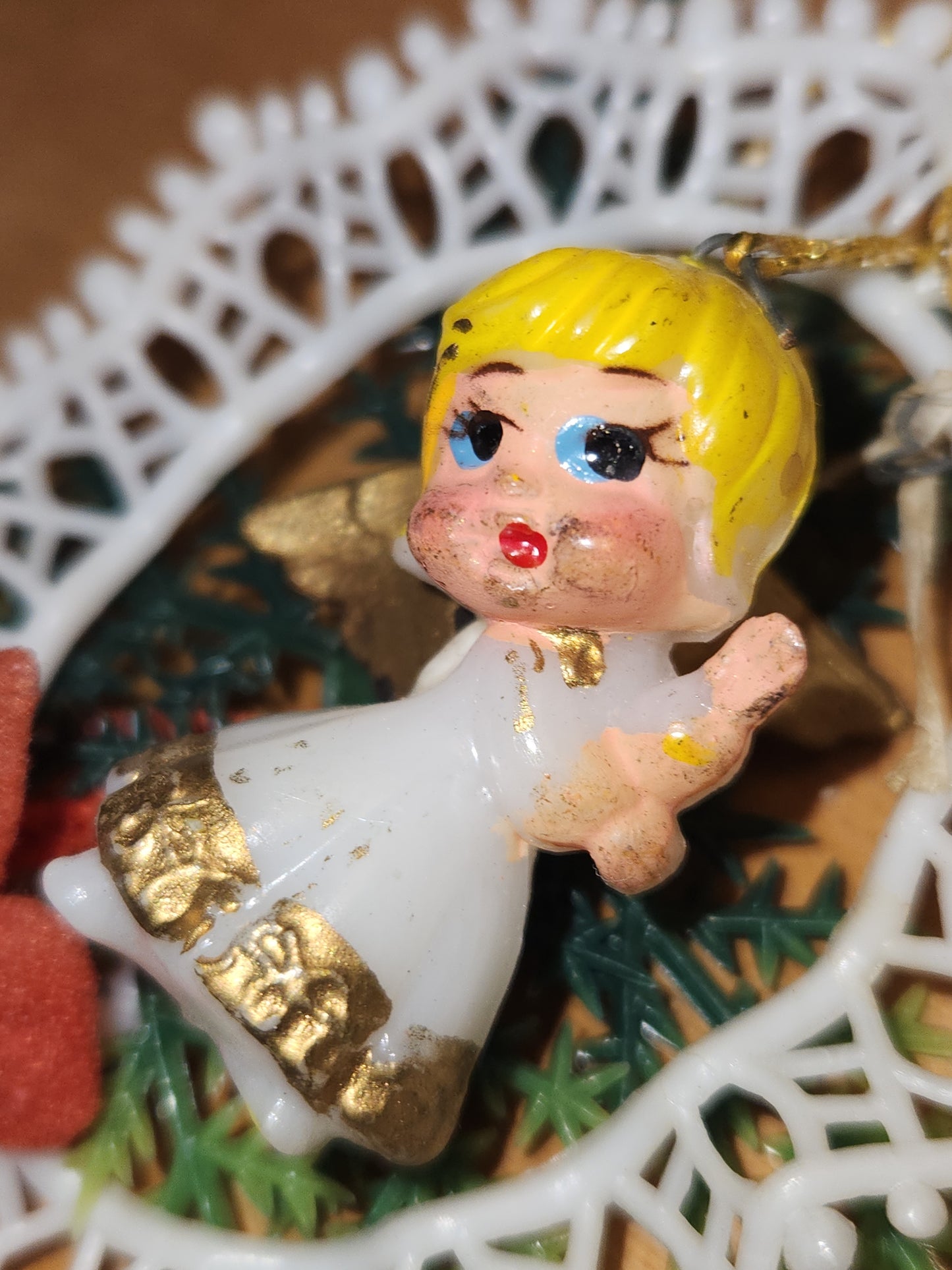 Vintage Plastic 1960s Commodore or Commodore Like Ornaments with Santa and Angel, Greenery Plastic Bow AS IS sm18