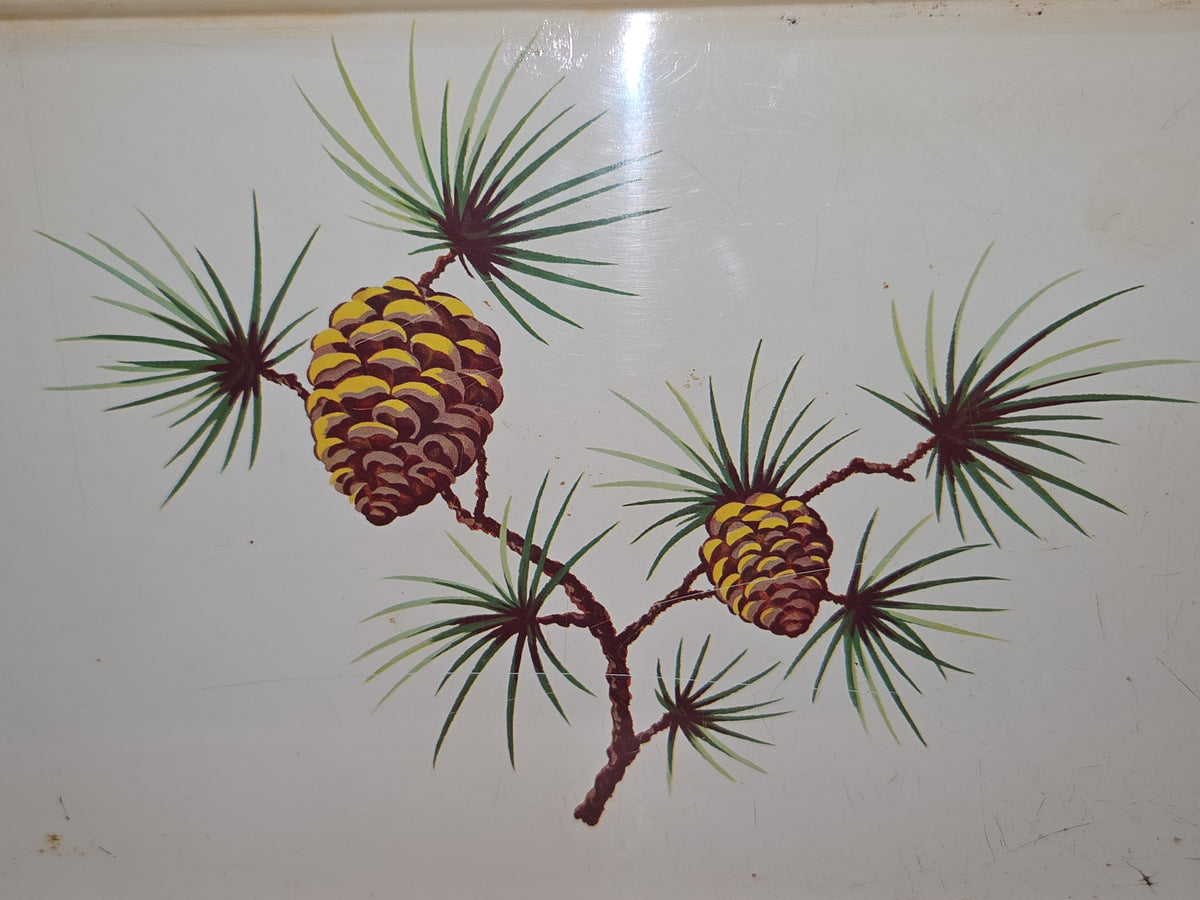 Vintage Decoware Metal Bread Box Hinged Lid Pinecones Yellow Cream AS IS tbb4