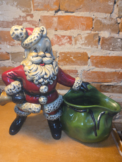 Vintage Royall Mold Ceramic Planter Santa Claus Bell Toy Bag