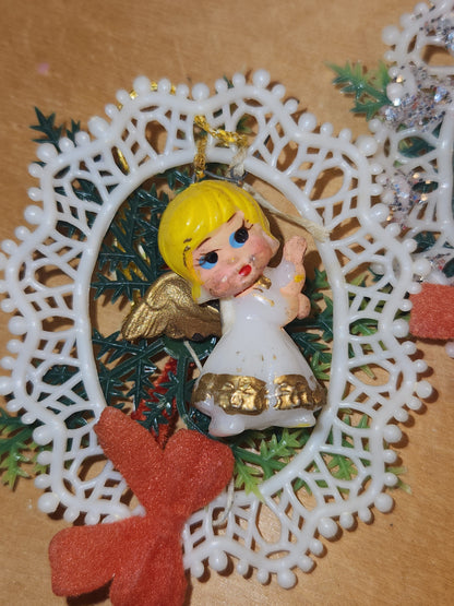 Vintage Plastic 1960s Commodore or Commodore Like Ornaments with Santa and Angel, Greenery Plastic Bow AS IS sm18