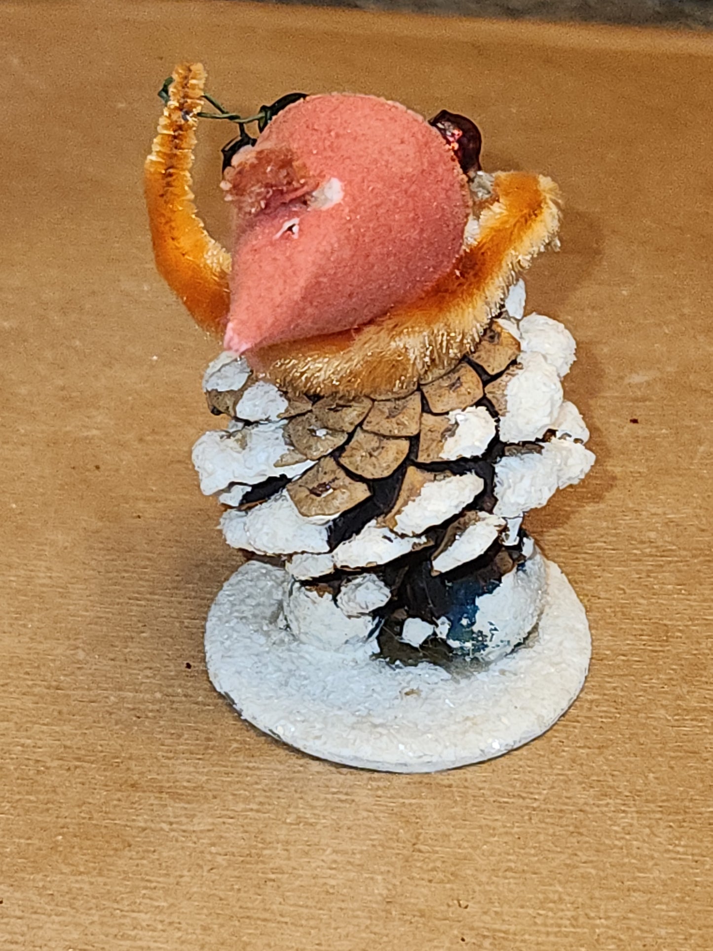 Vintage Pinecone Elf Gnome Dwarf with Maracas Band Ornament Chenille Plastic Face Mica Putz elf21