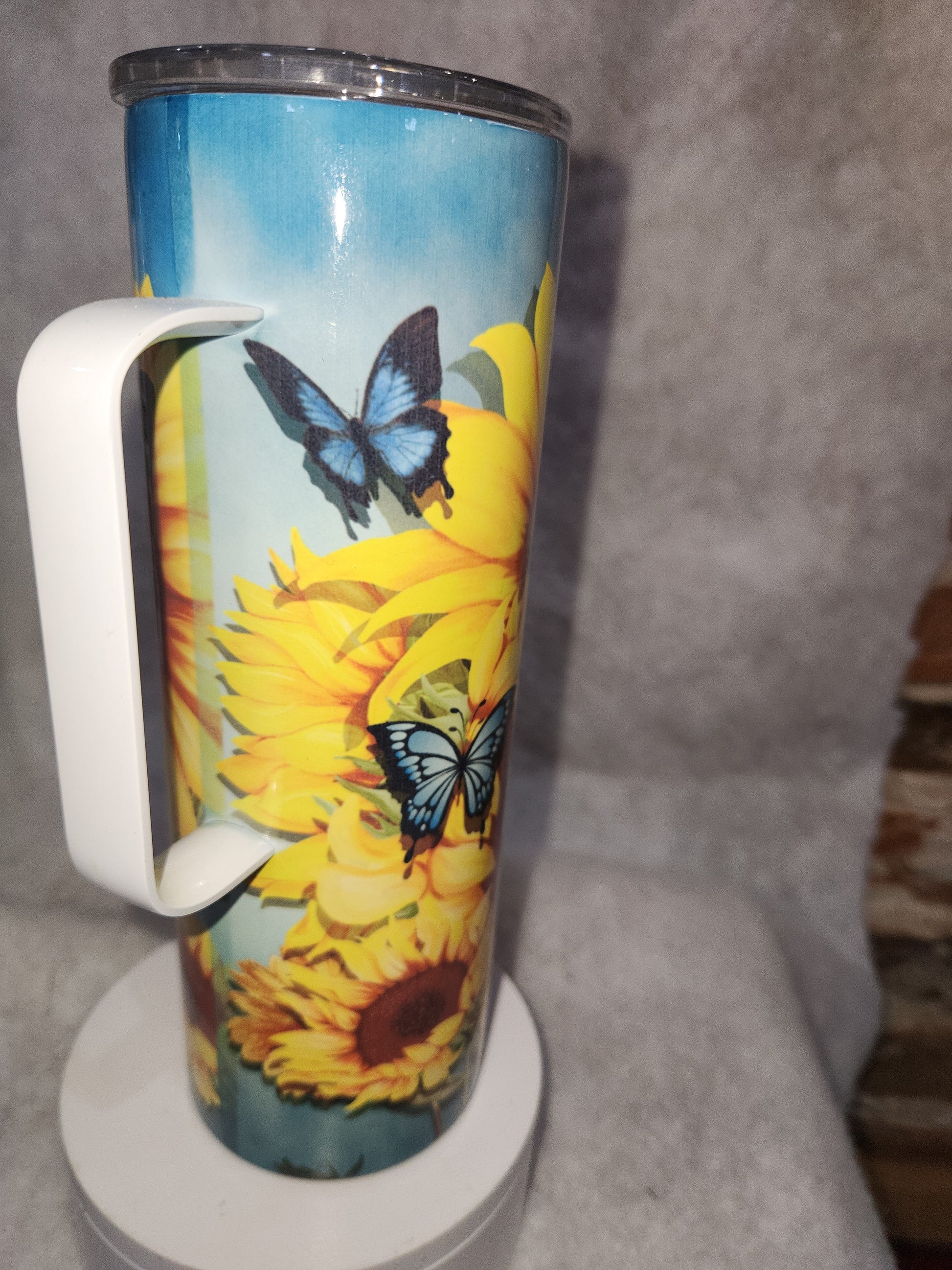 20 oz stainless steel, insulated, tumbler with handle Sunflower & Butterflies th66