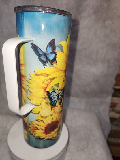 20 oz stainless steel, insulated, tumbler with handle Sunflower & Butterflies th66