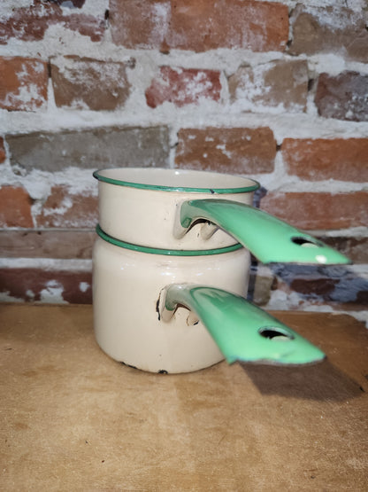Vintage Enamelware Double Boiler Pot Cream With Green AS IS no lid ew87