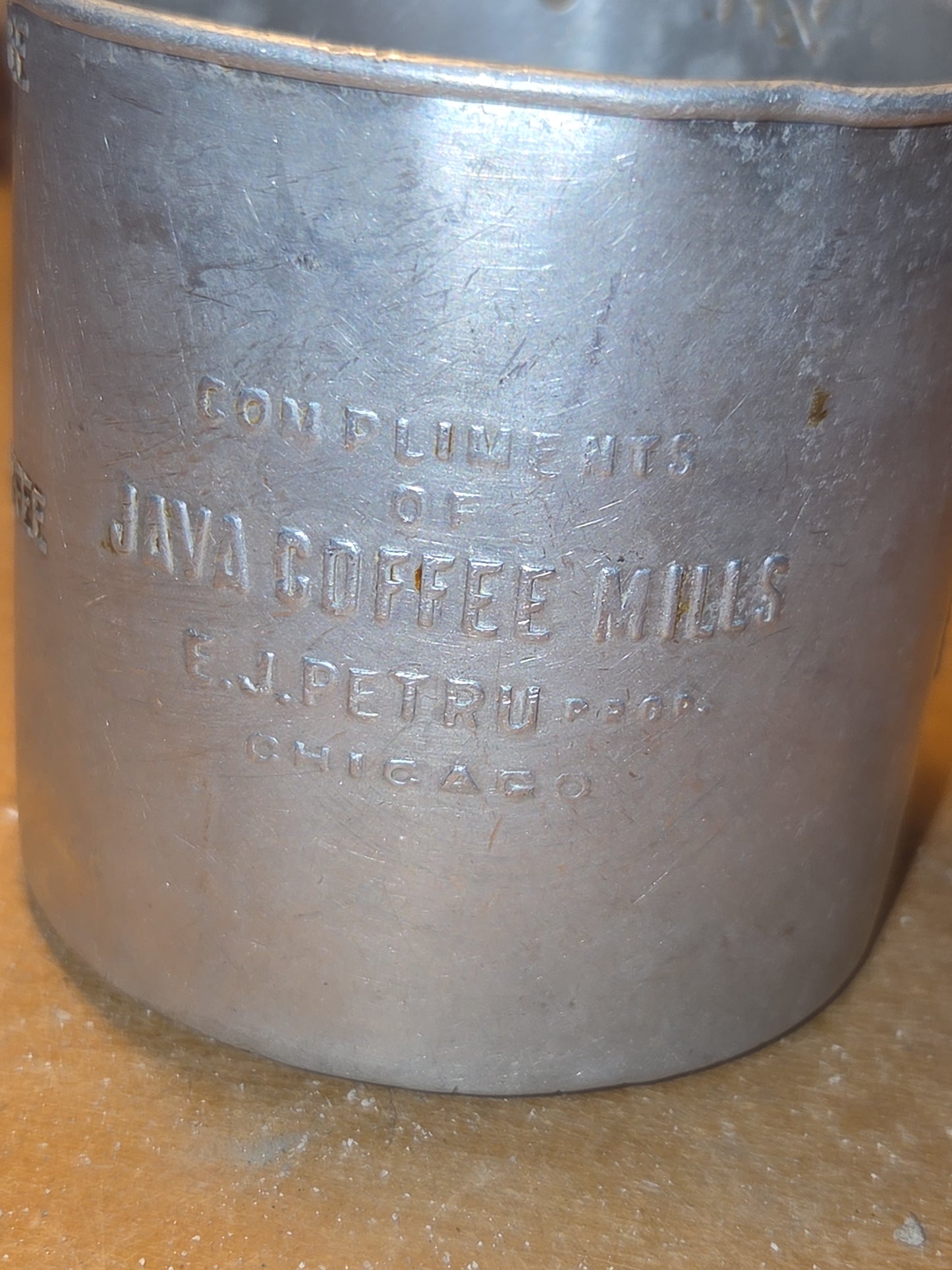 Vintage Aluminum Cup Compliments of Java Coffee Mills, E.J. Petru Prop Chicago ac78