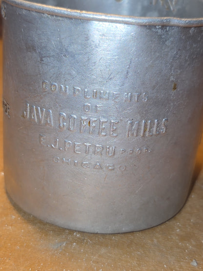 Vintage Aluminum Cup Compliments of Java Coffee Mills, E.J. Petru Prop Chicago ac78