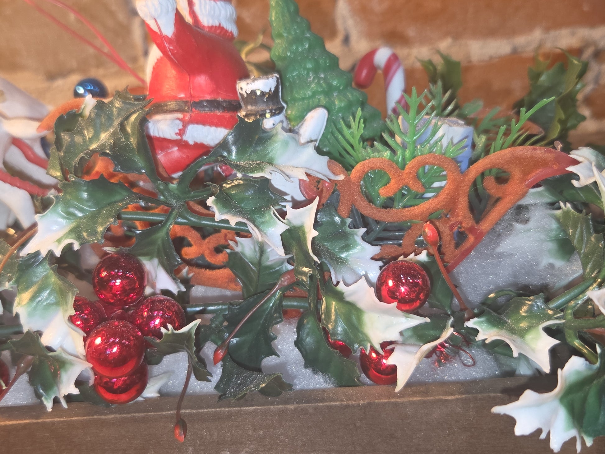 Assemblage With Vintage Blow Mold Santa and Reindeer Flocked Sleigh va98