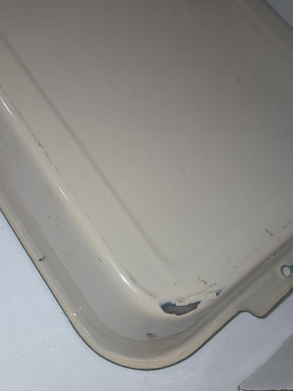 Vintage Enamel Baking Roasting Pan Rustic Primitive Cream with Green Trim en82