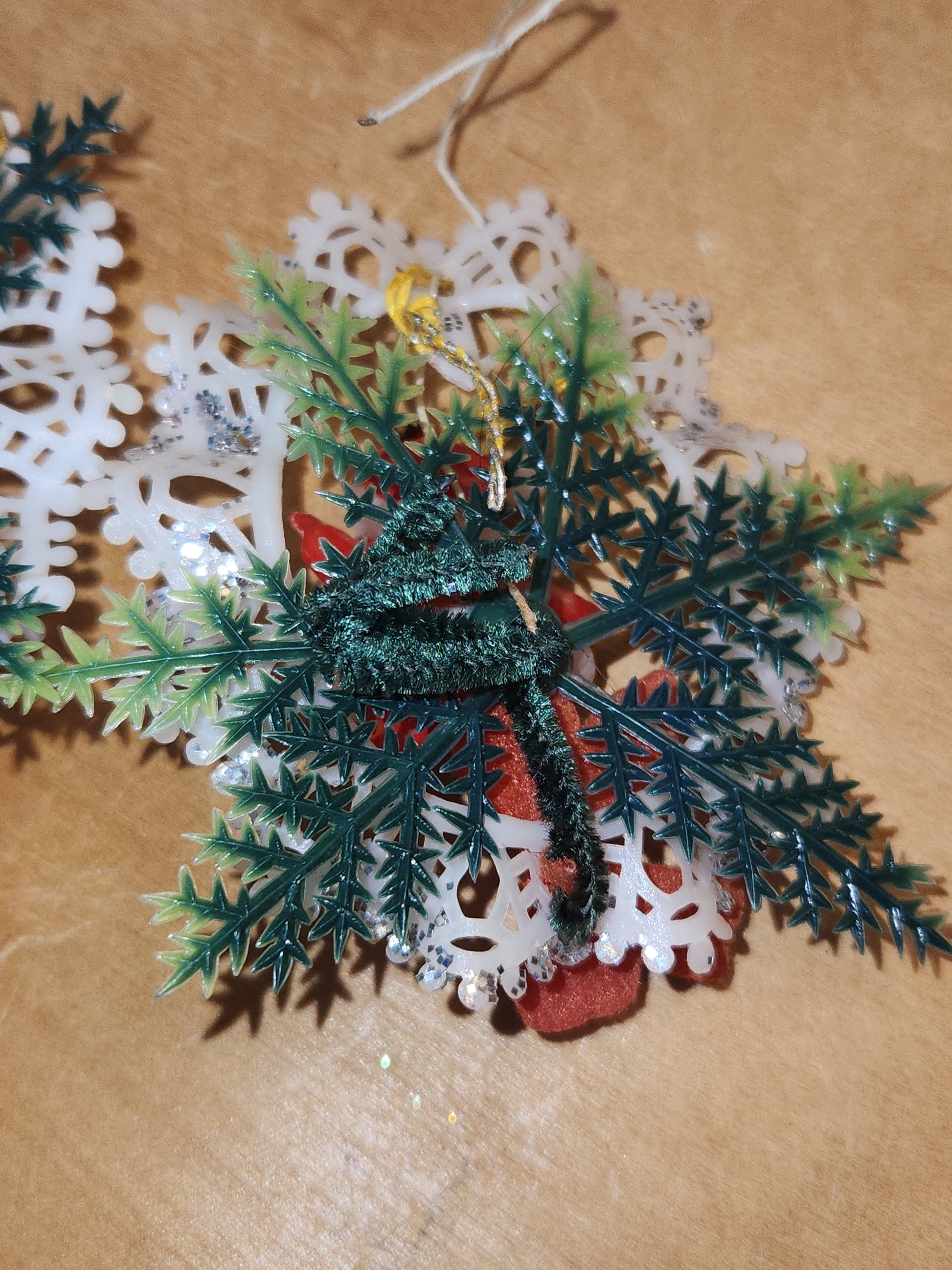 Vintage Plastic 1960s Commodore or Commodore Like Ornaments with Santa and Angel, Greenery Plastic Bow AS IS sm18