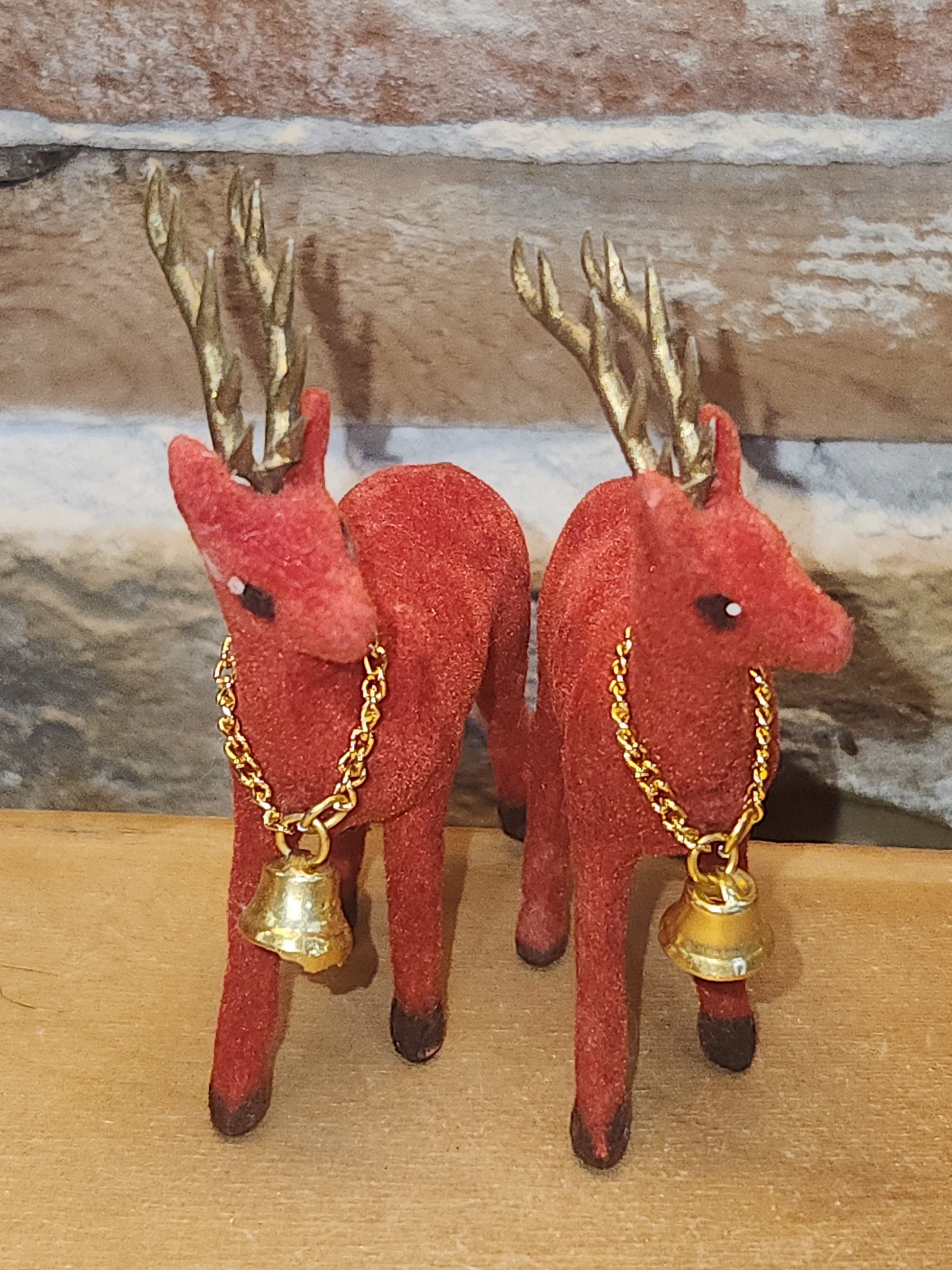 Vintage Red Flocked Deer Reindeer Set of 2 vd8
