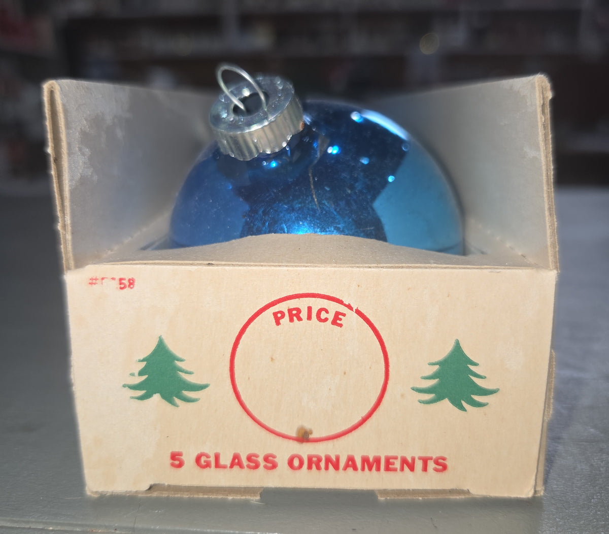 Vintage Shiny Brite Glass Christmas Ornaments Five 3" Blue Shades in Fanci-Pak Box As Is sb5