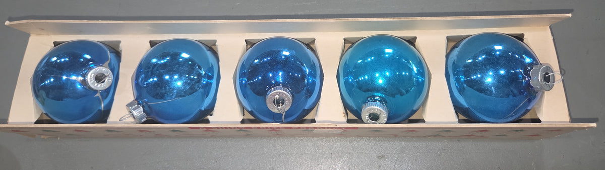 Vintage Shiny Brite Glass Christmas Ornaments Five 3" Blue Shades in Fanci-Pak Box As Is sb5