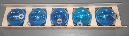 Vintage Shiny Brite Glass Christmas Ornaments Five 3" Blue Shades in Fanci-Pak Box As Is sb5