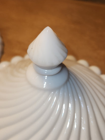 Vintage Westmoreland Milk Glass Lidded Candy Dish Swirl and Ball Pattern mg112