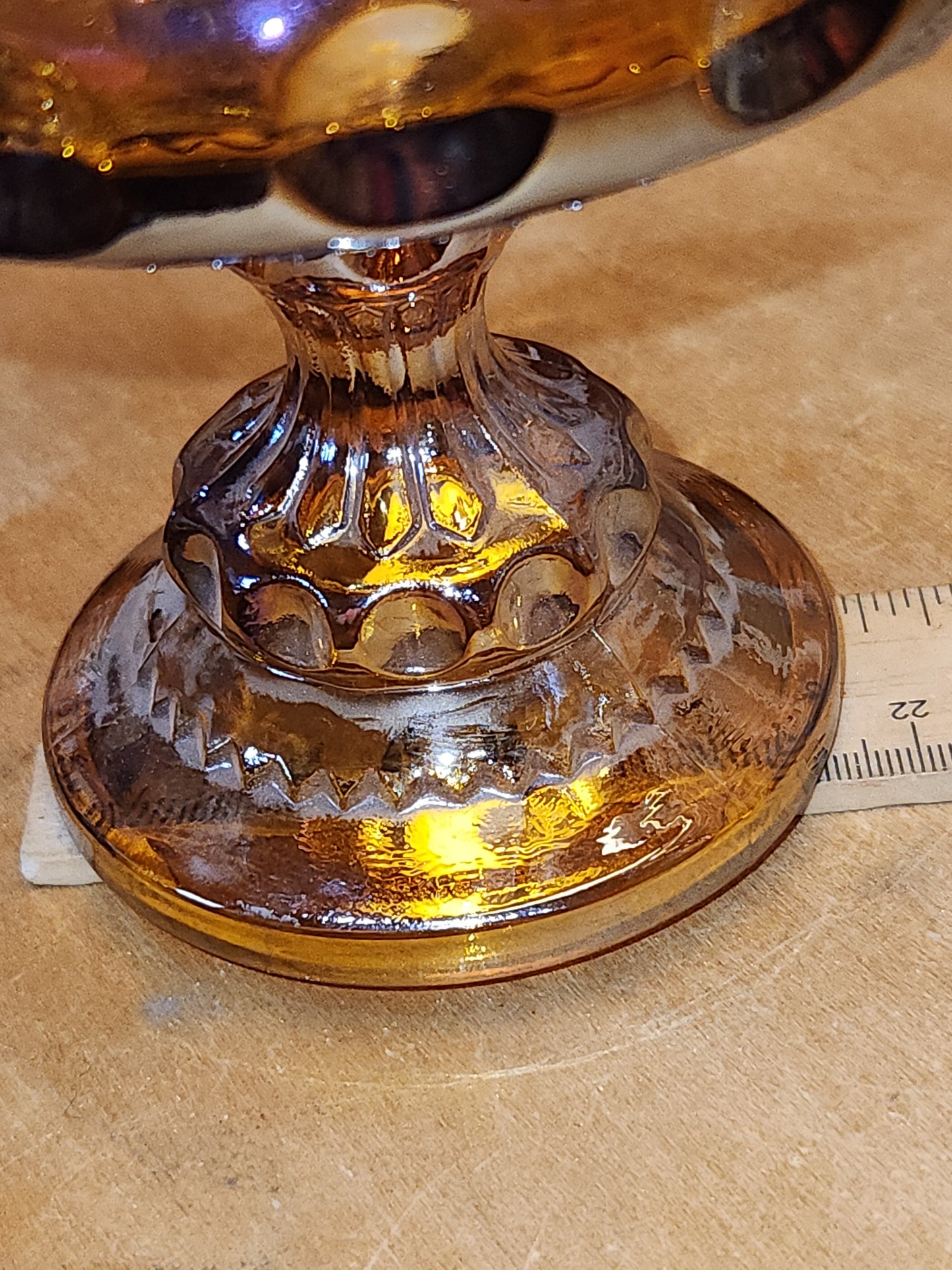 Indiana Glass Compote Kings Crown Thumbprint Pedestal Candy Dish Iridescent Gold cg9
